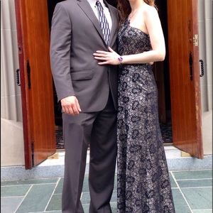 One shoulder, black lace formal dress